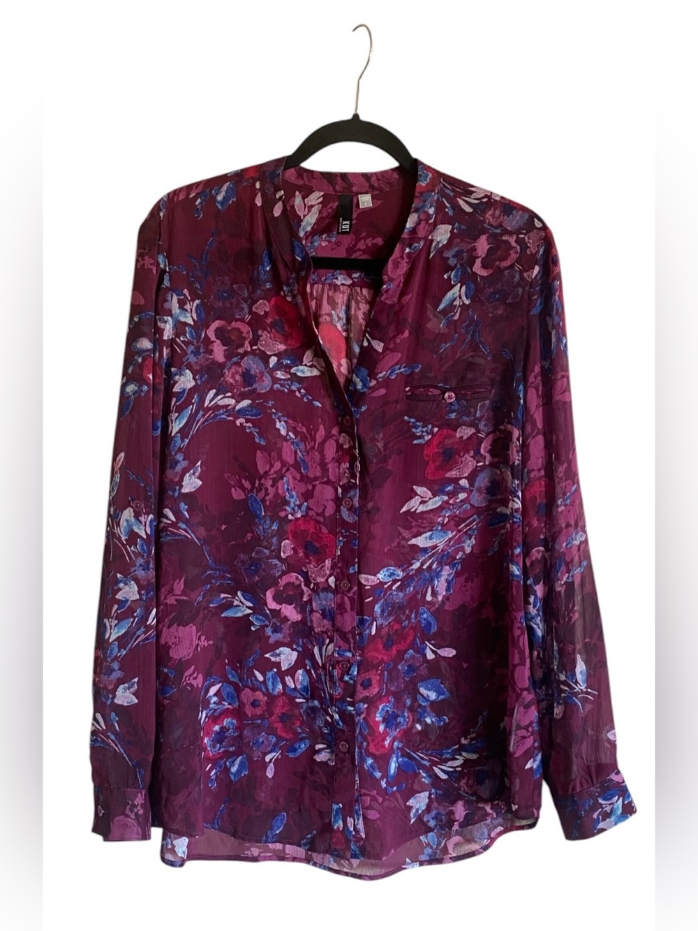 Women’s KUT from the Kloth Purple Floral Sheer Button Down Blouse L